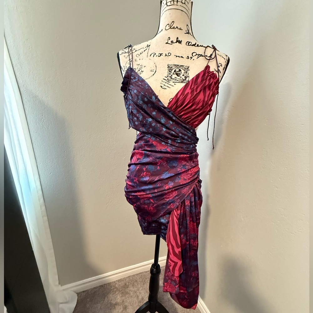 For Love And Lemons Blue and Hot Pink Asymmetrical Ruched Cocktail Dress